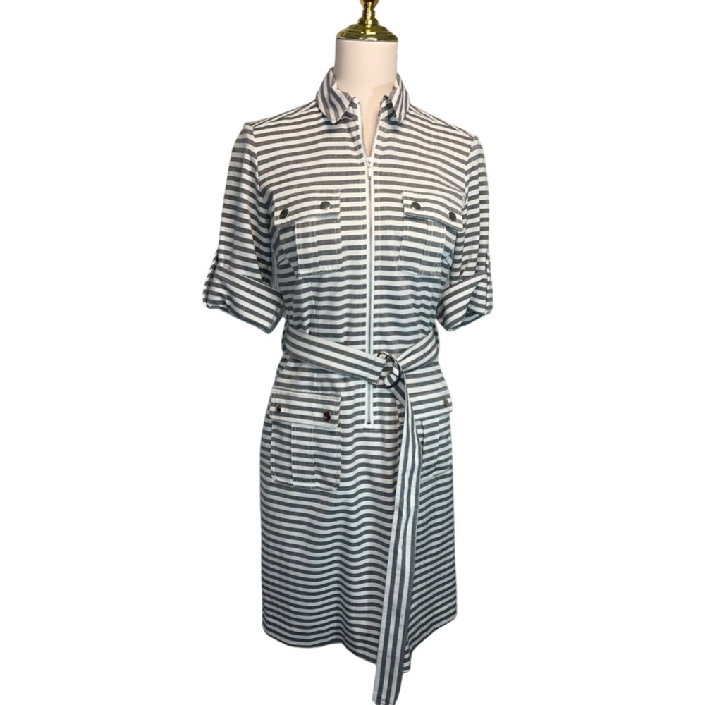 (CL) Sharagano Womens Grey White Striped Zip Front Belted Safari Shirt Dress 10P